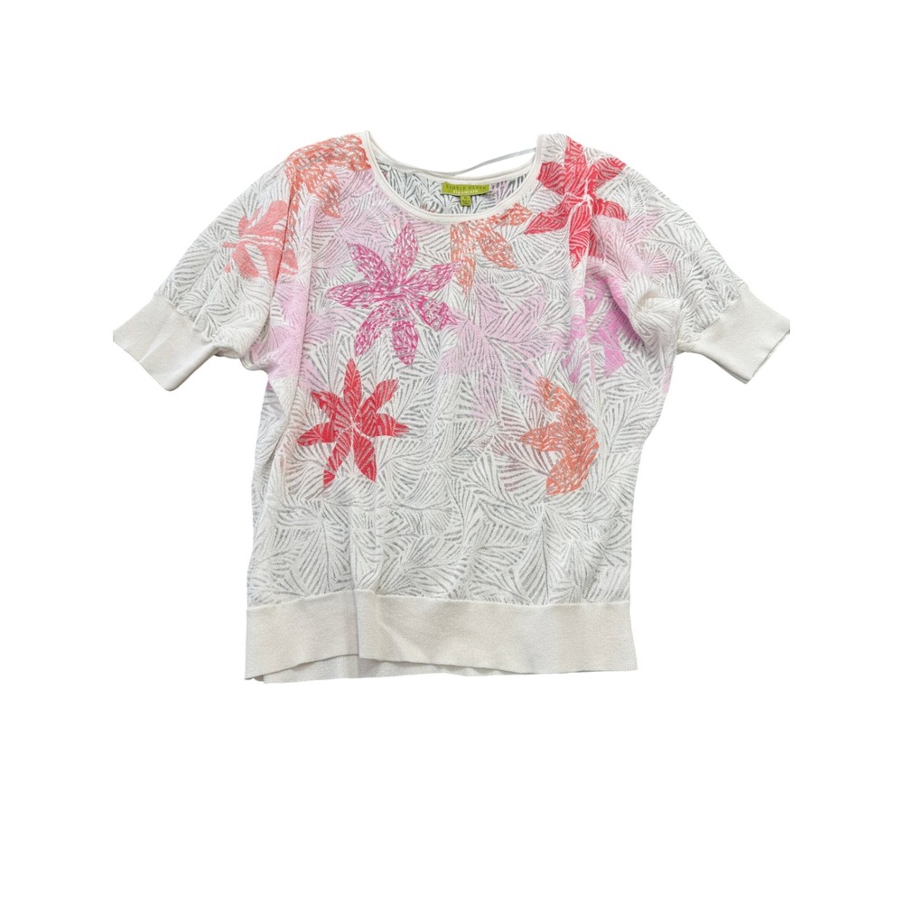 Sigrid Olsen Floral Knit Sweater Short Sleeve Top Womens XL Pink White
